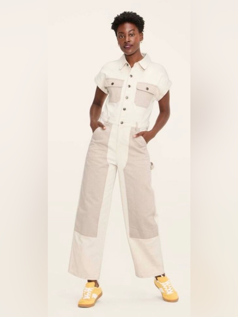 Woolrich Two-Tone Short-Sleeve Utility Jumpsuit - Cream & Tan